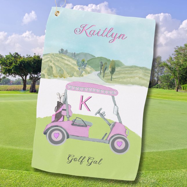 Fun Pink Golf Cart Landschaftlicher Personalisiert Golfhandtuch (Von Creator hochgeladen)