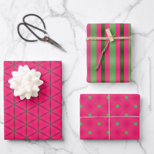 Fun Pink & Green Moderne Streifen und Polka Punkte Geschenkpapier Set