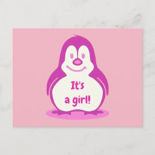 Fun Pink lächelnd Pinguin Es ist eine weibliche Ge Ankündigungspostkarte