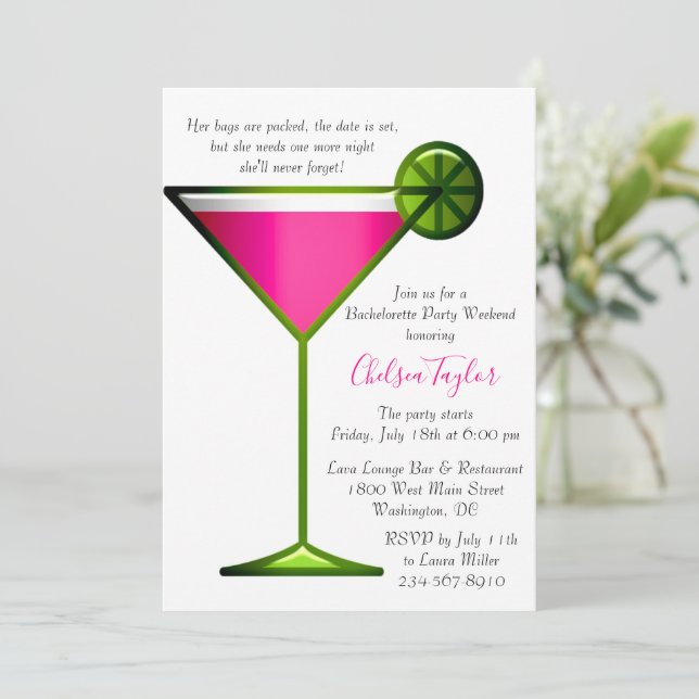 Fun Pink Martini Cocktail Stunden Junggeselinnen-A Einladung (Stehend Vorderseite)