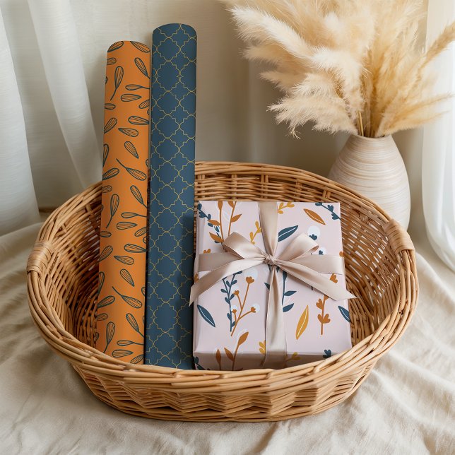 Fun Pink Orange Blue Floral Geometric Geschenkpapier Set (Von Creator hochgeladen)