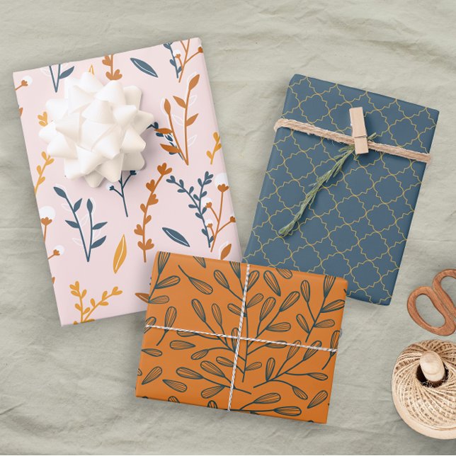 Fun Pink Orange Blue Floral Geometric Geschenkpapier Set (Von Creator hochgeladen)