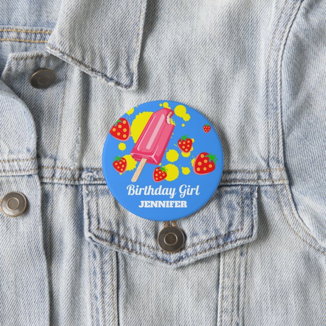 Fun Pink Popsicle und Strawberries Birthday Girl Button (Beispiel)