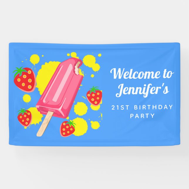 Fun Pink Popsicle und Strawberries Geburtstag Banner (Horizontal)