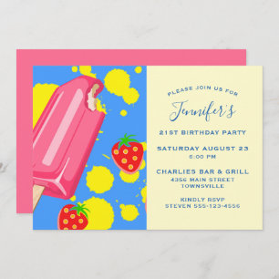 Fun Pink Popsicle und Strawberries Geburtstag Einladung