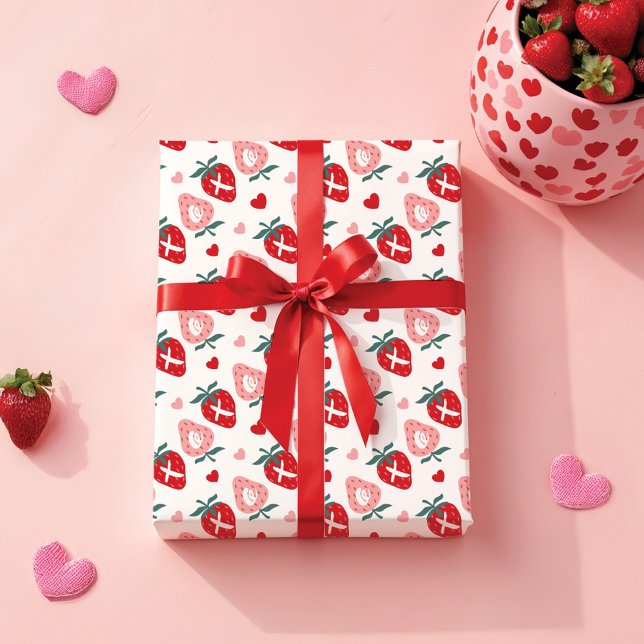 Fun Pink Strawberry XOX Valentinstag Muster Geschenkpapier (Fun Pink Strawberry XOX Valentine's Day Pattern Wrapping Paper)