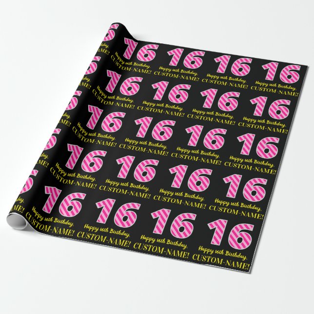 Fun Pink Streifen "16"; Glücklicher 16. Geburtstag Geschenkpapier (Ungerollt)