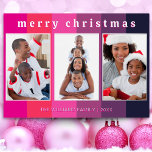 Fun Pink Streifen 3 Foto Collage Frohe Weihnachten Folien Feiertagskarte<br><div class="desc">Mit dieser farbenfrohen Weihnachtskarte können Sie Ihren Freunden und Ihrer Familie einen fröhlichen blüh schenken. Auf einem fett gestreiften Hintergrund in Rosa und lila Farbtönen zeigt die Karte drei Ihrer liebsten Fotos an. Oben ist der Gruß "Frohe Weihnachten" in Kleinbuchstaben mit einem coolen Retro-Auftritt. Passen Sie den Text unter den...</div>