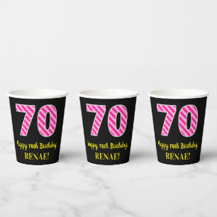 Fun Pink Streifen "70": Glücklich 70. Geburtstag + Pappbecher