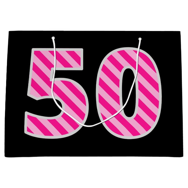 Fun Pink Striped "50"; Happy 50 th Birthday; Name Große Geschenktüte (Vorderseite)