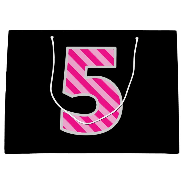 Fun Pink Striped "5"; Happy 5th Birthday; Name Große Geschenktüte (Vorderseite)