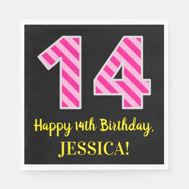 Fun Pink Stripes "14"; Glücklicher 14. Geburtstag; Serviette (Vorderseite)