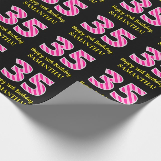 Fun Pink Stripes "35"; Glücklicher 35. Geburtstag; Geschenkpapier (Ecke)