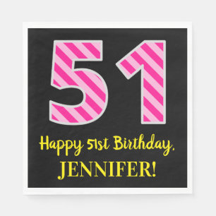 Fun Pink Stripes "51"; Happy 51. Geburtstag; Name Serviette