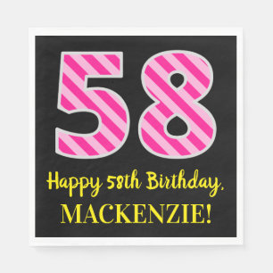 Fun Pink Stripes "58"; Happy 58 th Birthday; Name Serviette