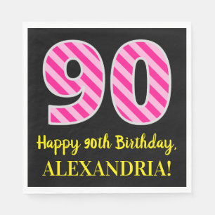 Fun Pink Stripes "90"; Happy 90 th Birthday; Name Serviette