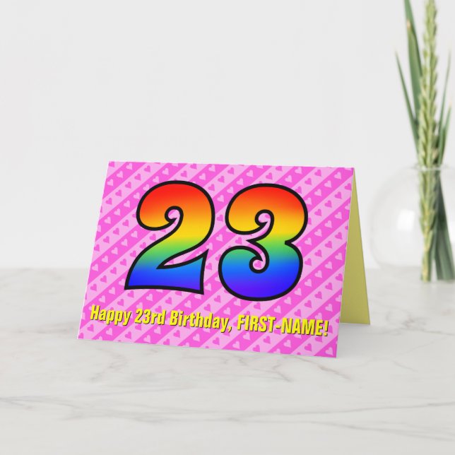 Fun Pink Stripes, Hearts, Rainbow # 23rd Birthday Karte (Vorderseite)