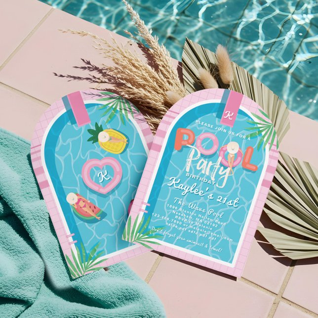 Fun Pink Tropical Palm Summer Pool Party Geburtsta Einladung (Fun Pink Tropical Palm Summer Pool Party Birthday Invitation)
