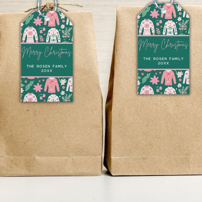 Fun Pink und Green Ugly Sweater Weihnachtsfeiertag Geschenkanhänger (Von Creator hochgeladen)