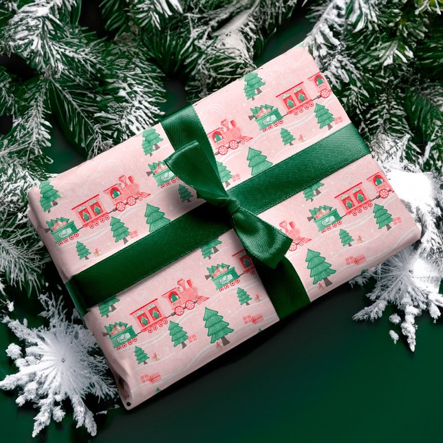 Fun Pink Vintag Train Weihnachtsbaum Lieferung Geschenkpapier (Fun Pink Vintage Train Christmas Tree Delivery Wrapping Paper)