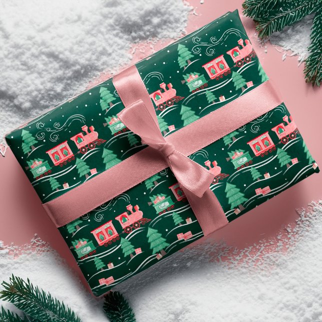 Fun Pink Vintag Train Weihnachtsbaum Lieferung Geschenkpapier (Fun Pink Vintage Train Christmas Tree Delivery Wrapping Paper)