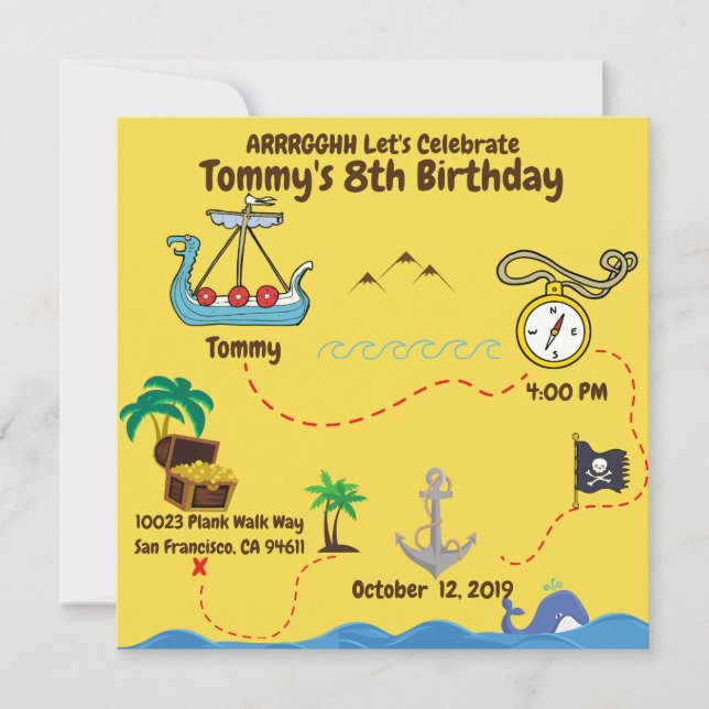 Fun Pirate Party Yellow|Blue Treasmap (Vorderseite)
