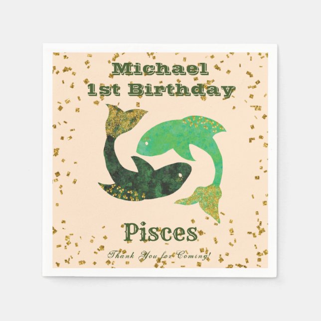 Fun Pisces First Birthday & Gold Confetti Serviette (Vorderseite)