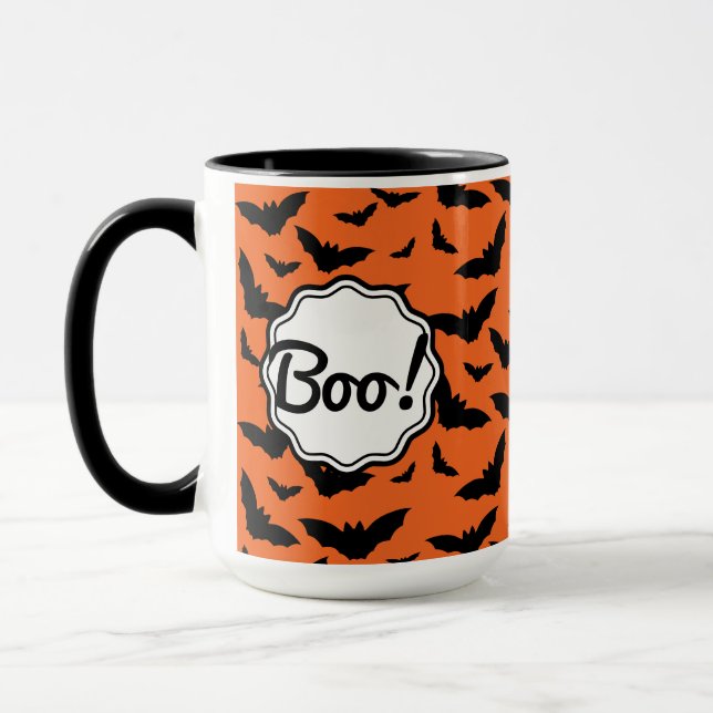 Fun Popular Halloween Orange Black Bat Boo! Tasse (Links)