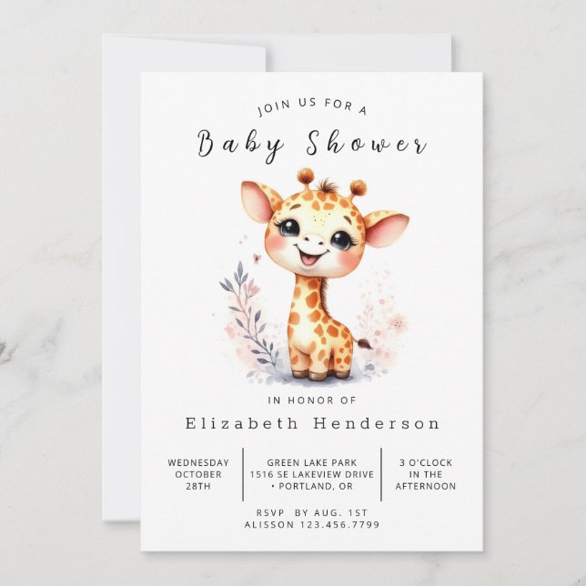 Fun Printable Giraffe Baby Dusche Einladung (Vorderseite)