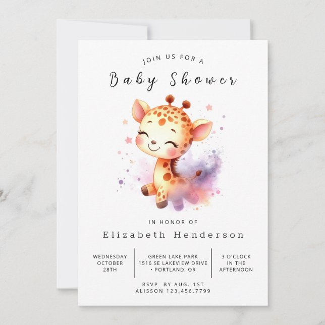 Fun Printable Giraffe Baby Dusche Einladung (Vorderseite)