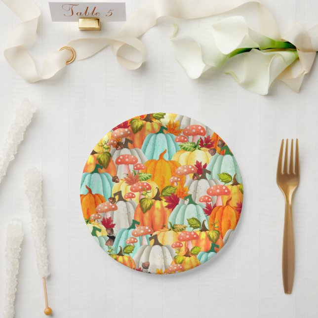 Fun Pumpkins Pilze und Herbstlaub Pappteller (Hochzeit)