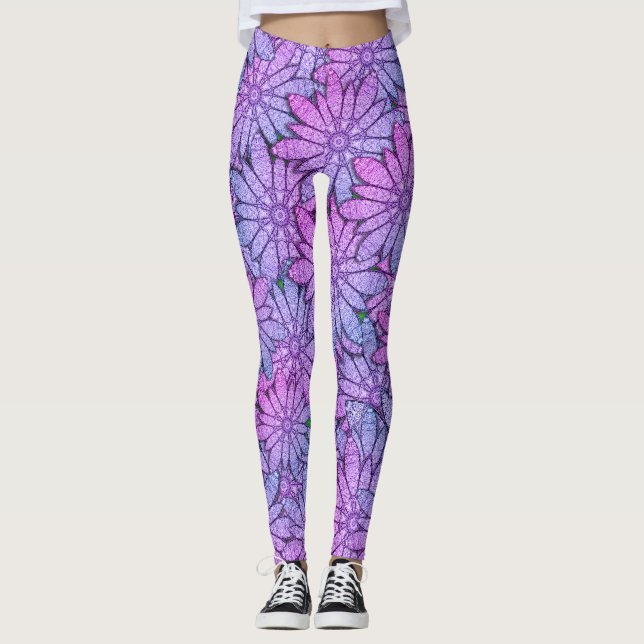 Fun Purple Blumen Leggings (Vorderseite)
