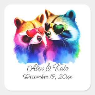 Fun Raccoon Couple   Romantische Hochzeit Quadratischer Aufkleber