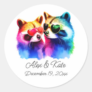 Fun Raccoon Couple   Romantische Hochzeit Runder Aufkleber