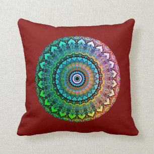 Fun Rainbow and Hearts Mandala on Dark Red Kissen
