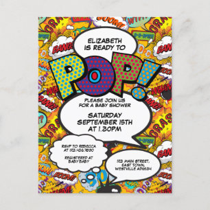 Fun Ready to Pop Baby Shower Comic Book Einladungspostkarte
