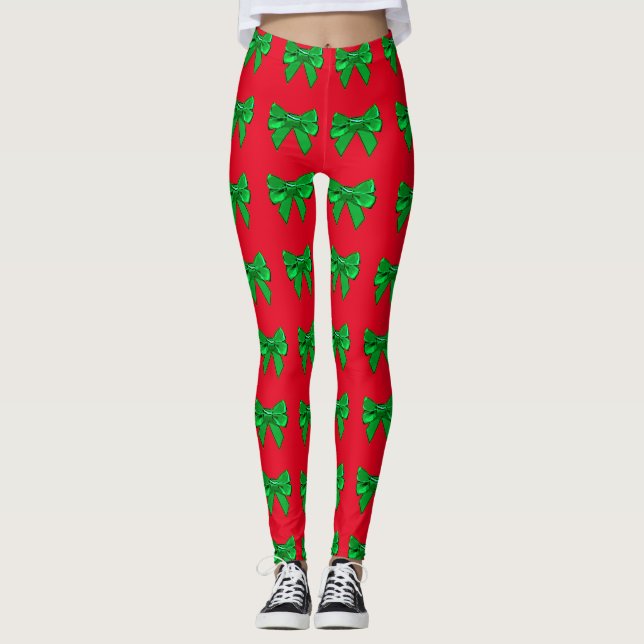 Fun Red and Green Bow Weihnachten Leggings (Vorderseite)