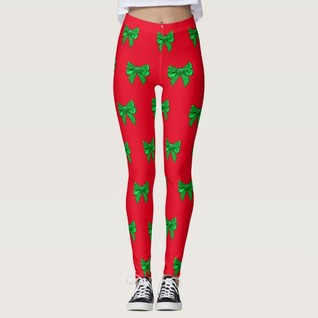 Fun Red and Green Bow Weihnachten Leggings (Vorderseite)