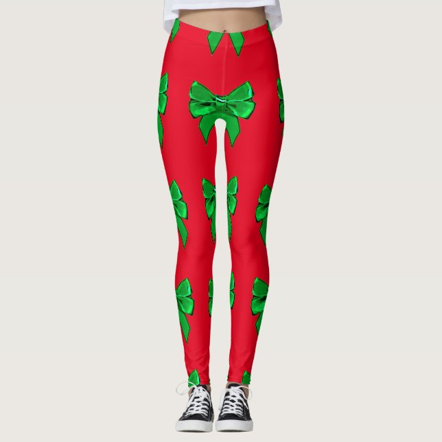 Fun Red and Green Bow Weihnachten Leggings (Vorderseite)