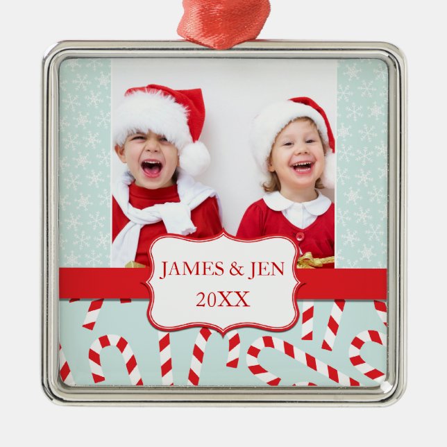 FUN RED BLUE MERRY CHRISTMAS FOTO ORNANATION SILBERNES ORNAMENT (Vorne)