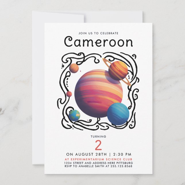 Fun Red Blue Planets Moon Galaxy Outer Space Draw Einladung (Vorderseite)