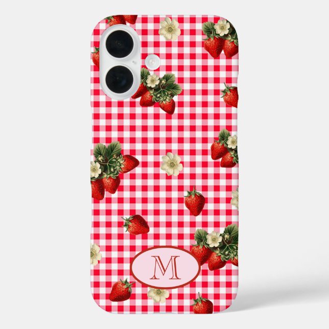 Fun Red Gingham Strawberries Custom Monogram Case-Mate iPhone Hülle (Rückseite)