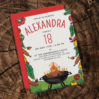 Fun Red Green Backyard Grill Steak Veggie Picnic Einladung