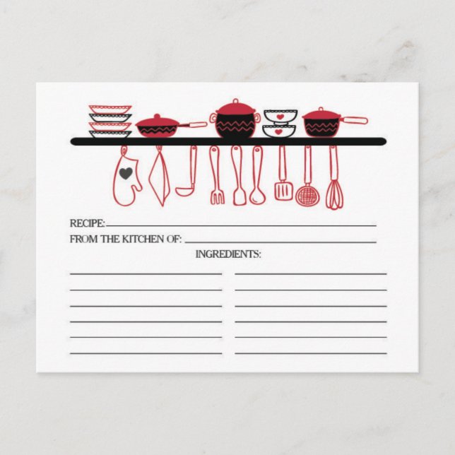Fun Red Kitchen Gadgets Bridal Recipe Cards Postkarte (Vorderseite)
