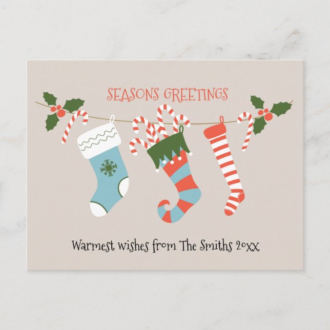 Fun Red Script Green Strumpfs Candy Cane Floral Postkarte (Vorderseite)