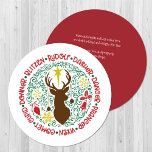 Fun Red Script Santa Reindeer Name Weihnachten<br><div class="desc">Spaß Red Script Santa Reindeer Name Weihnachtskarte. Wie viele Rentiere hat der Weihnachtsmann und wie heißen sie? Mit dieser niedlichen und unterhaltsamen kreisförmigen Urlaubskarte, die alle zauberhaften, fliegenden Rentiere des Weihnachtsmannes mit farbenfrohen Weihnachtsdekorationen im runden Kreise-Design enthält, können Sie Ihren Lieben herzliche Urlaubsstimmung und Grüße schenken. Umkehren, um eine anpassbare...</div>