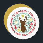 Fun Red Script Santa Reindeer Name Weihnachten<br><div class="desc">Spaß Red Script Santa Reindeer Name Weihnachtskarte. Wie viele Rentiere hat der Weihnachtsmann und wie heißen sie? Mit dieser niedlichen und unterhaltsamen kreisförmigen Urlaubskarte, die alle zauberhaften, fliegenden Rentiere des Weihnachtsmannes mit farbenfrohen Weihnachtsdekorationen im runden Kreise-Design enthält, können Sie Ihren Lieben herzliche Urlaubsstimmung und Grüße schenken. Umkehren, um eine anpassbare...</div>