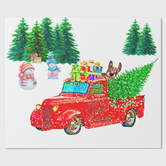 Fun Red Truck Snowmen, Dog Weihnachten Geschenkpapier (Flach)