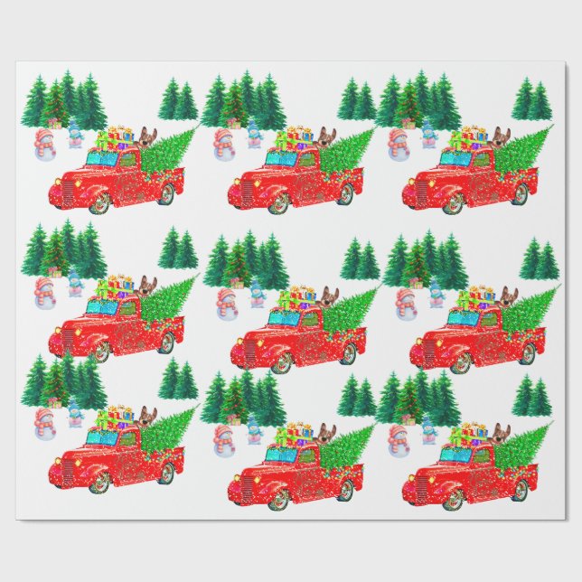 Fun Red Truck Snowmen, Dog Weihnachten Geschenkpapier (Flach)
