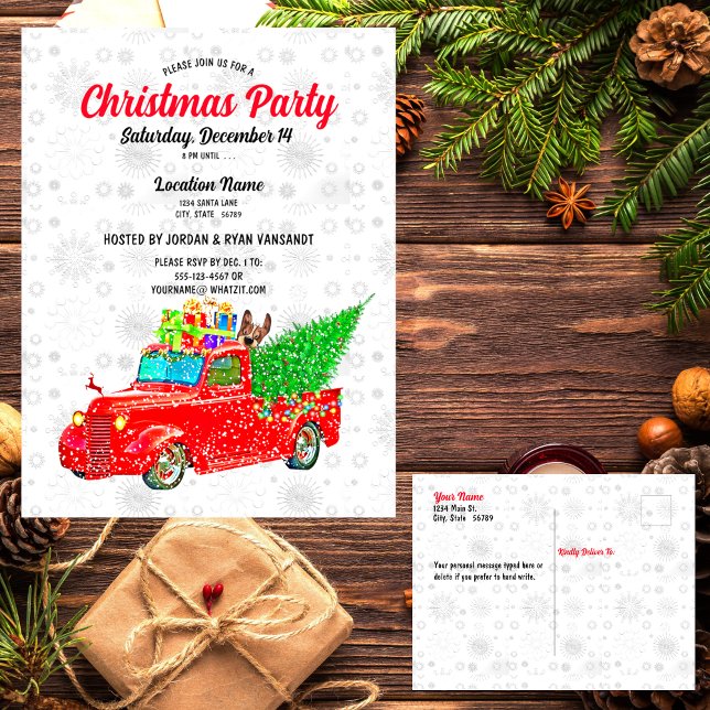Fun Red Truck White Snow Tree Lights Party Xmas Postkarte (Von Creator hochgeladen)